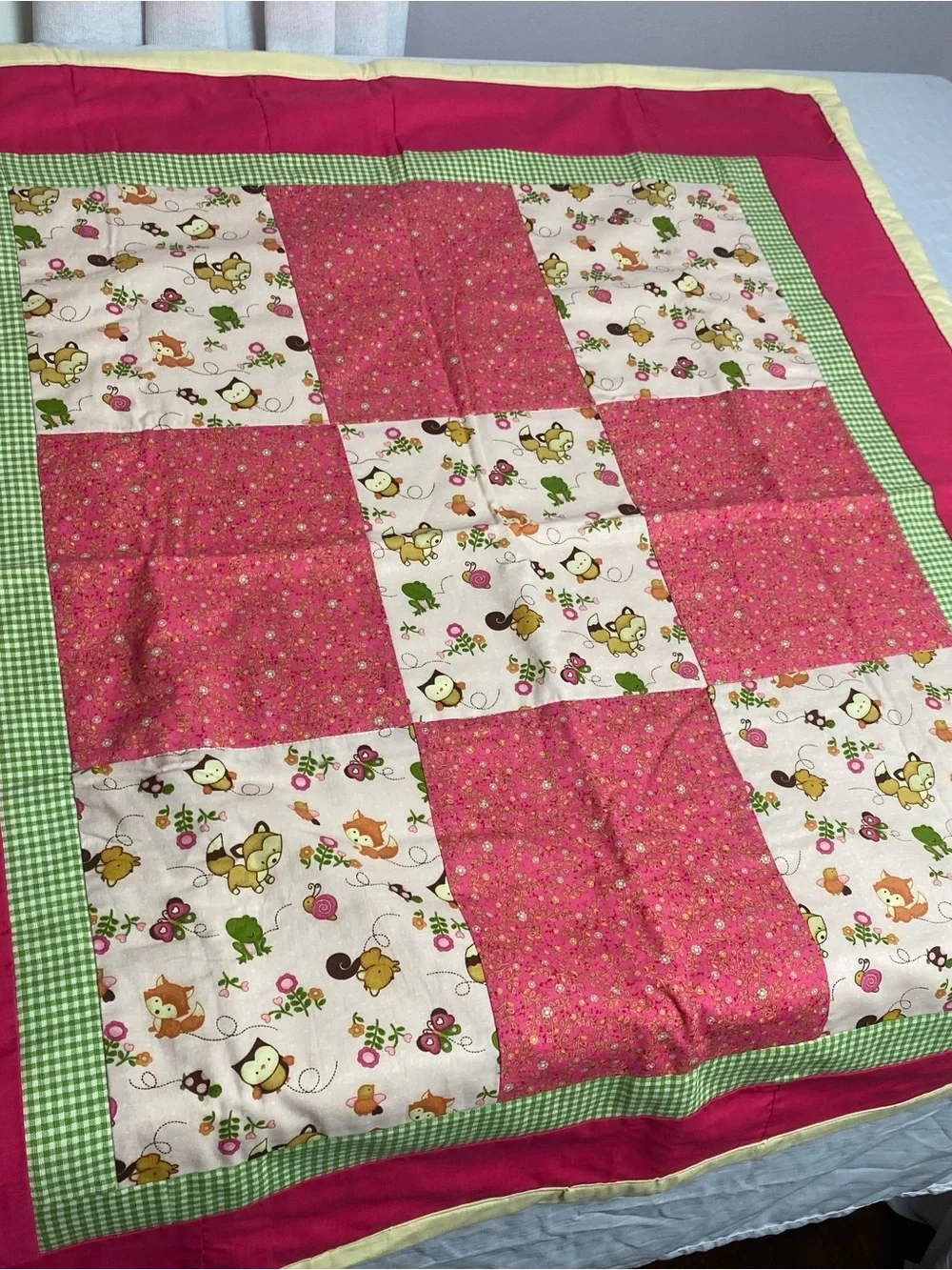 Handmade Patchwork Baby Quilt - Pink, Green, Cream